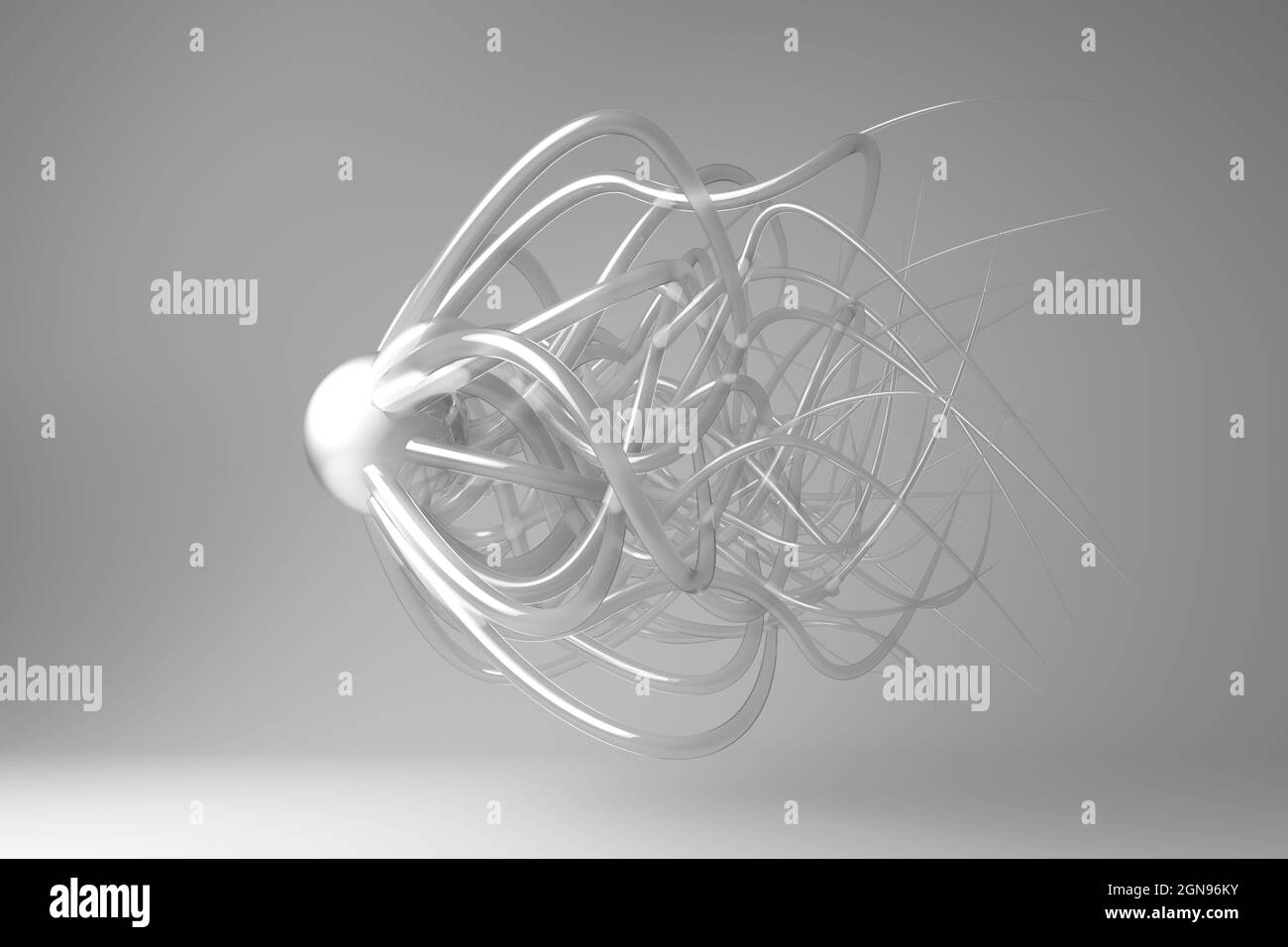 Rendu tridimensionnel de diverses formes géométriques abstraites flottant sur fond blanc Banque D'Images