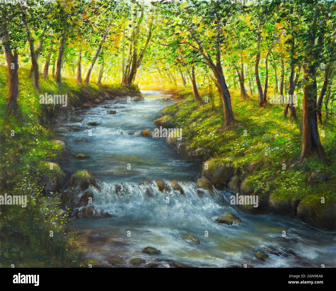 Peinture à l'huile originale du paysage de source d'beautifl, forêt et rivière sur toile.Impressionnisme moderne, modernisme, marinisme Banque D'Images