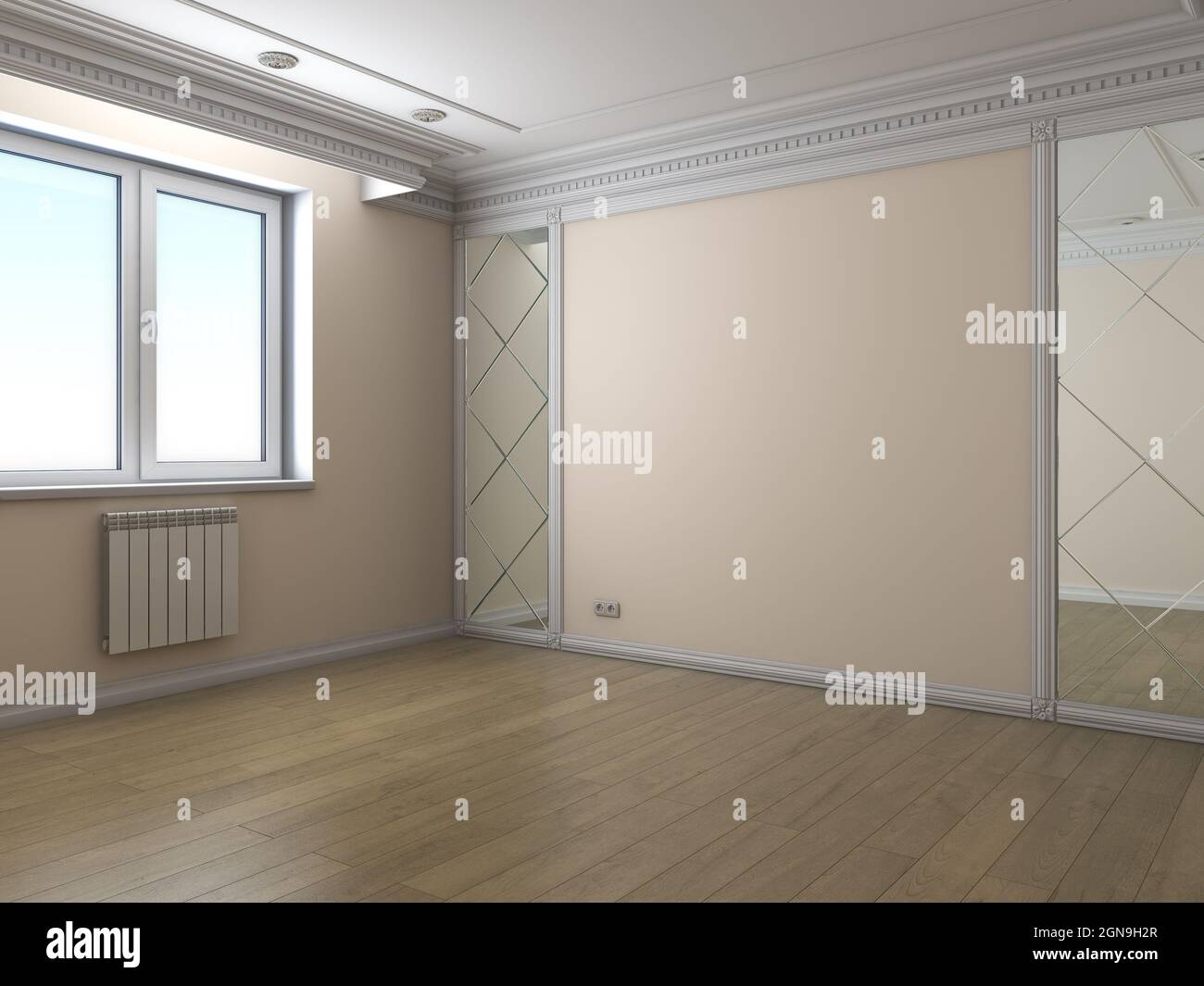 Coin intérieur vide avec fenêtre en plastique, murs beige, parquet, moulures blanches et deux miroirs. illustration 3d 3840 x 2880 Banque D'Images