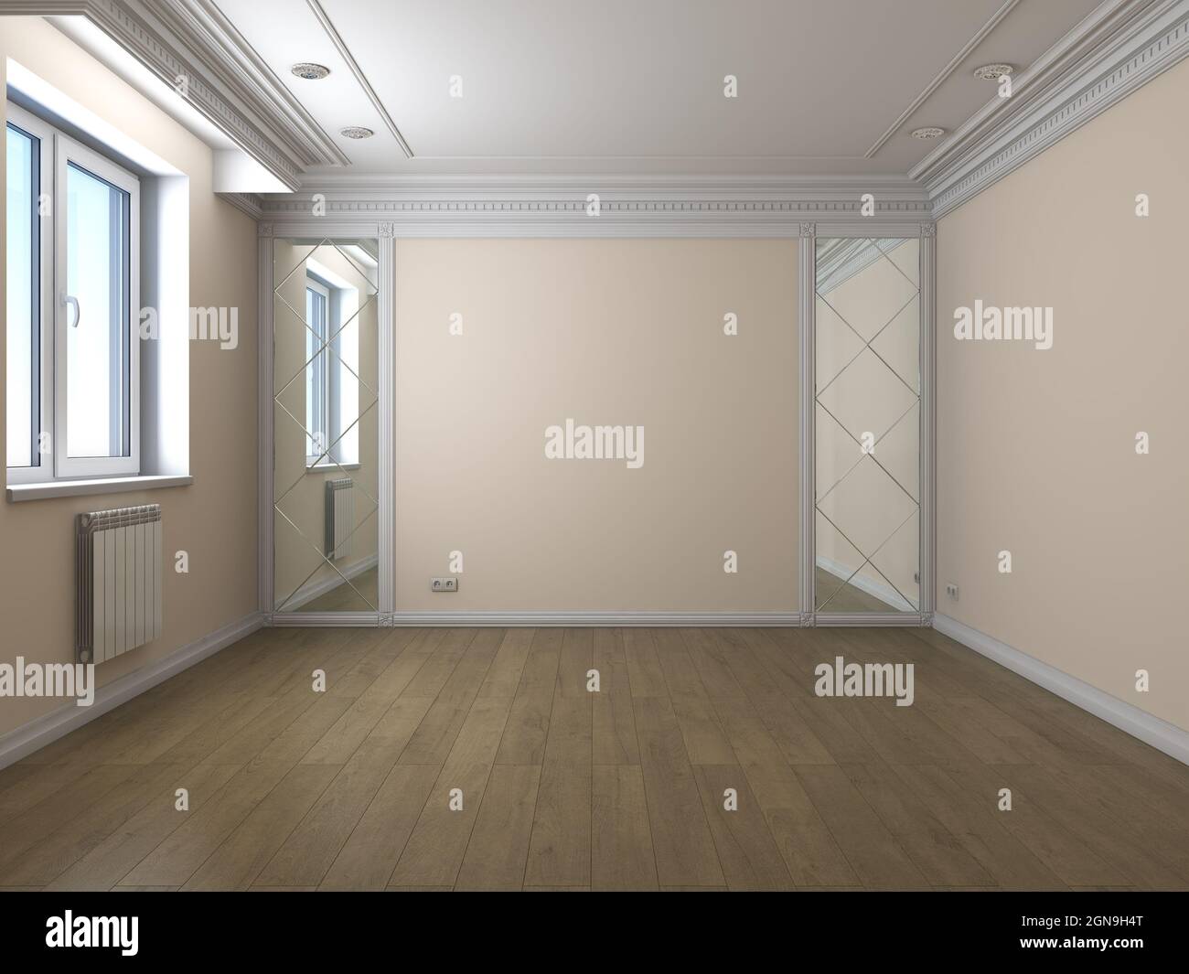 Intérieur vide avec fenêtre en plastique, murs beige, parquet, moulures blanches et deux miroirs. illustration 3d 3840 x 2880 Banque D'Images