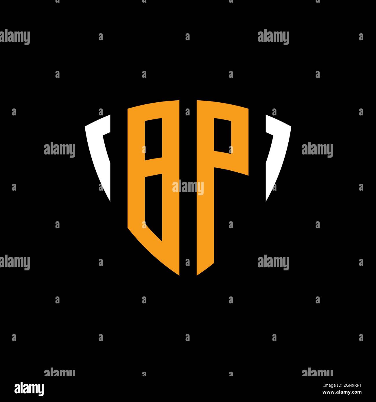 Logo BP avec modèle de conception en forme de blanc orange blindé isolé sur fond noir Illustration de Vecteur