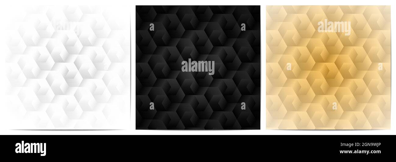 Ensemble de motifs géométriques abstraits rayures lignes forme polygonale fond luxueux de blanc, noir et or Illustration de Vecteur