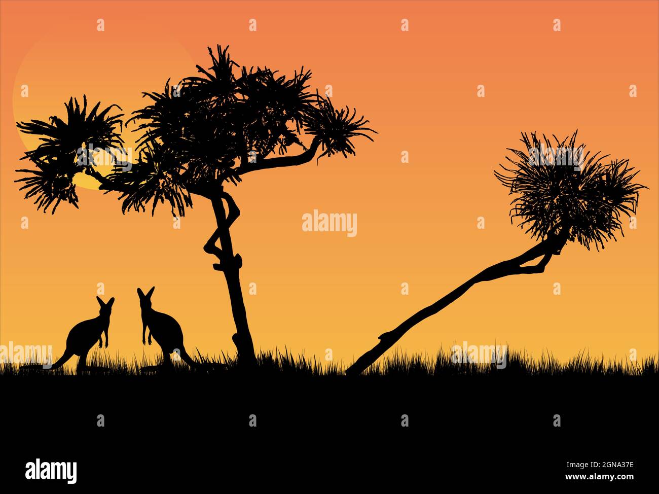 Deux arbres de pandanus avec des kangourous et un fond orange Illustration de Vecteur