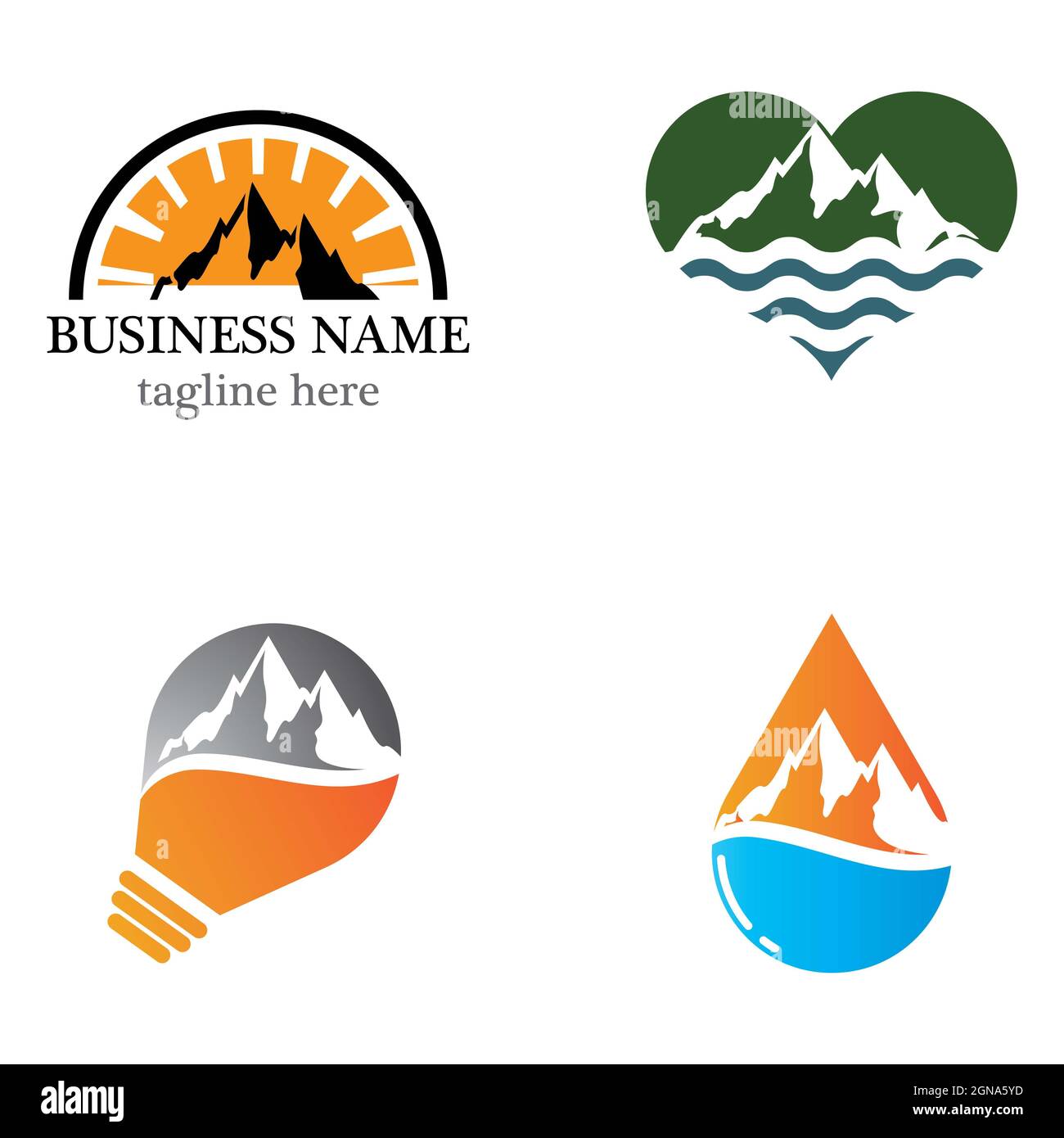 Modèle de logo de montagne avec ensemble d'icônes Banque D'Images