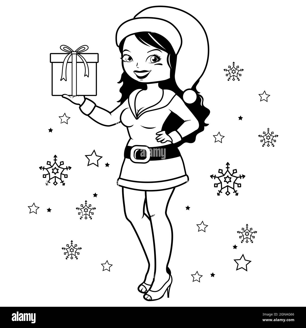 Une femme en costume de Noël du Père Noël tenant une boîte de cadeau. Page de couleur noir et blanc. Banque D'Images