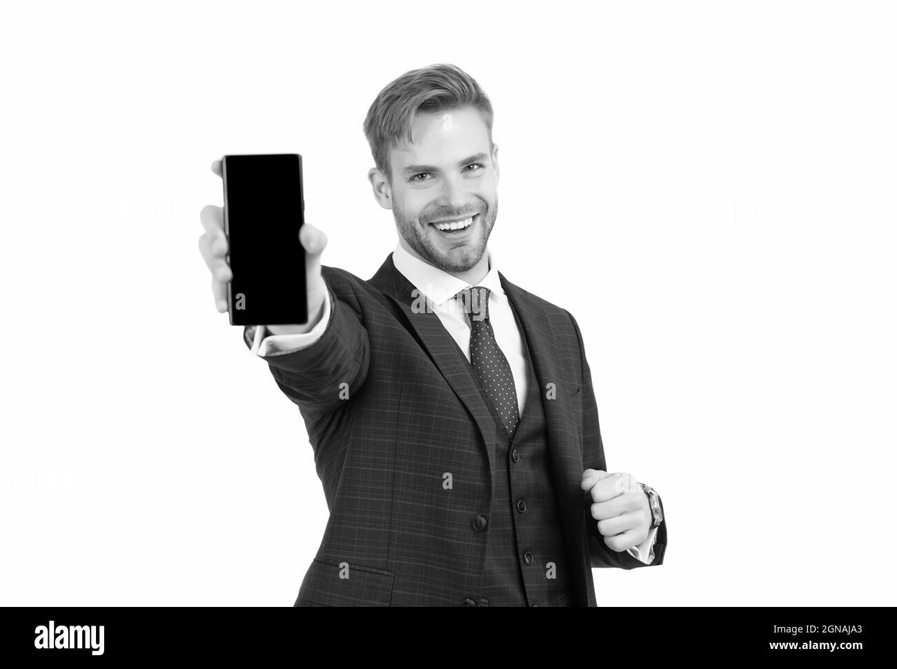 Faciliter la communication. Happy Director montre smartphone isolé sur blanc. Appareil mobile moderne. Accès à Internet. 3G. 4G. Nouvelle technologie. Vidéo Banque D'Images