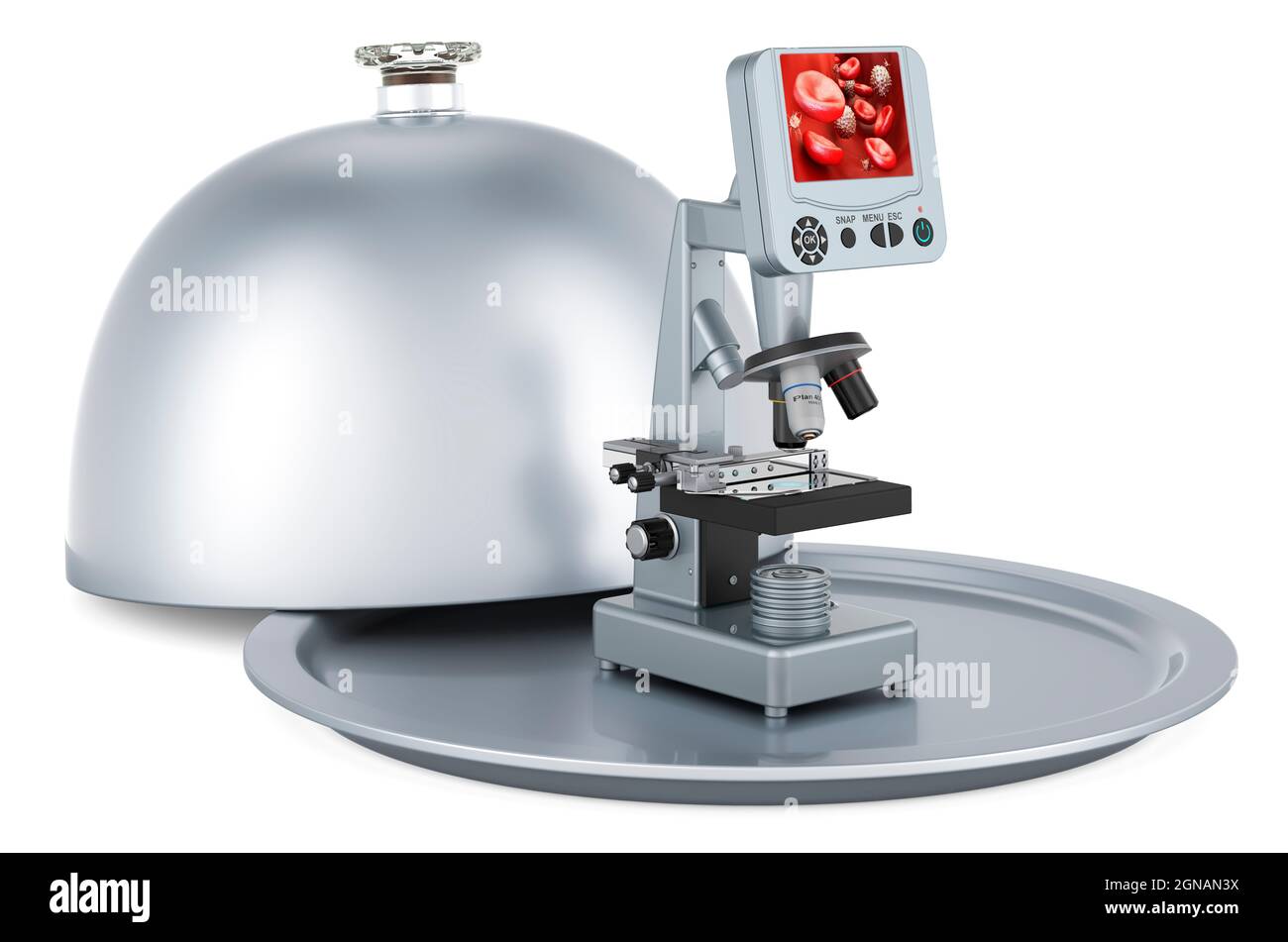 Cloche de restaurant avec microscope numérique, rendu 3D isolé sur fond blanc Banque D'Images