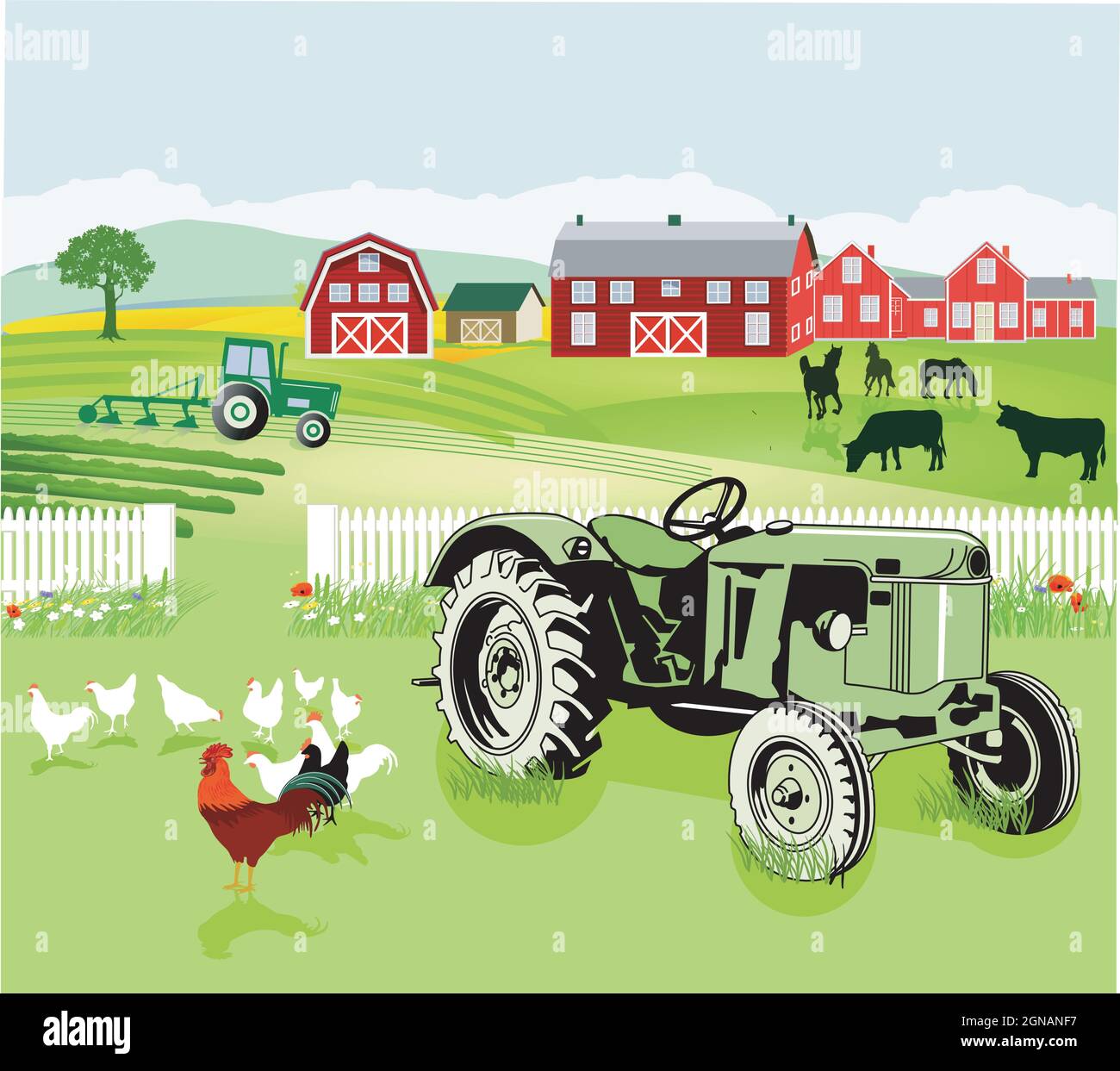 une agriculture conviviale avec de la volaille, une ferme et un tracteur Illustration de Vecteur