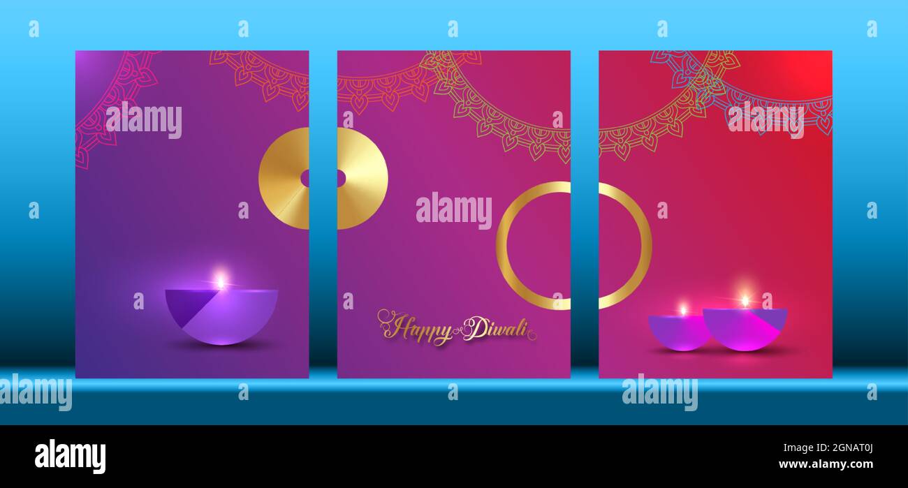 Happy Diwali Festival of Lights India Celebration Set modèle coloré. Bannière verticale des lampes à huile Indian Diya, design moderne couleurs vives Illustration de Vecteur