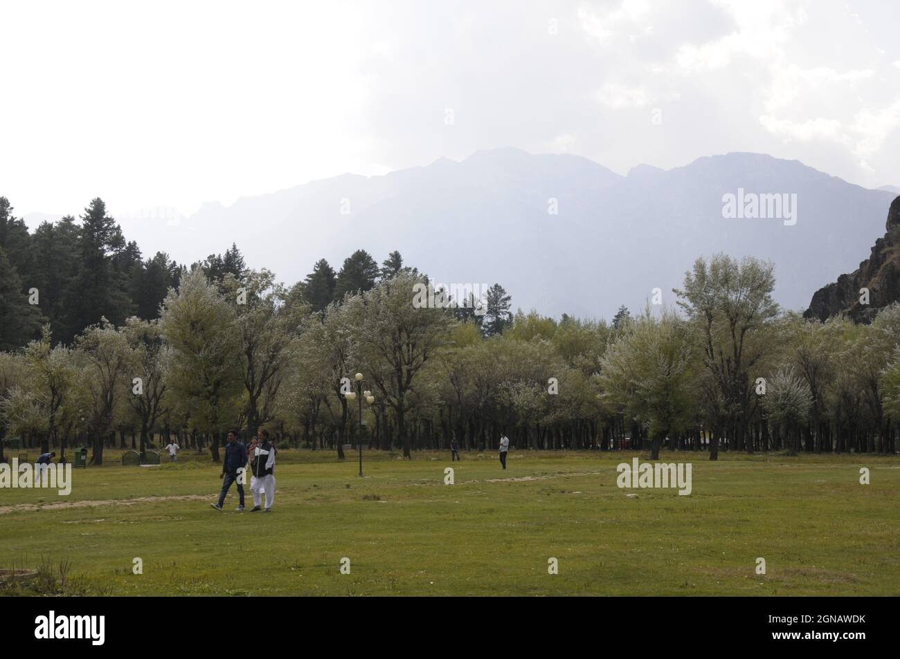 Les gens marchent tranquillement dans un pré avec des arbres fleuris à Pahalgam, une petite ville située au coeur de la vallée de Lidder, formée par la rivière Lidder i Banque D'Images