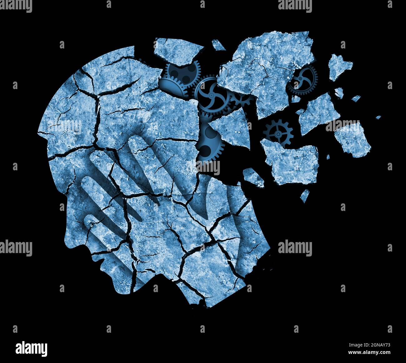 Maladie mentale maladie d'Alzheimer, démentation.Silhouette stylisée de tête de mâle avec terre et équipement fissurés secs, symbolisant les problèmes psychiatriques. Banque D'Images