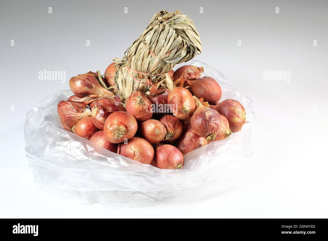 Gros plan sur un bouquet d'oignons échalotes rouges dans un sac en plastique blanc, oignons échalotes dans un groupe isolé sur fond blanc, épices cuisant l'échalote frais, Banque D'Images