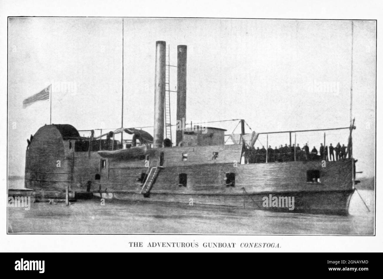 L'USS Conestoga était à l'origine un remorqueur civil à roues latérales construit à Brownsville, en Pennsylvanie, en 1859. Elle a été acquise par l'armée américaine en juin 1861 et convertie en bateau-canon de 572 tonnes à colombages destiné à être utilisé par le bateau-canon occidental Flotilla, Avec des officiers fournis par la marine. Du livre ' la guerre civile à travers la caméra ' des centaines de photographies vives réellement prises en temps de guerre civile, seize reproductions en couleur de célèbres peintures de guerre. Le nouveau texte historique par Henry W. Elson. A. Histoire illustrée complète de la guerre civile Banque D'Images