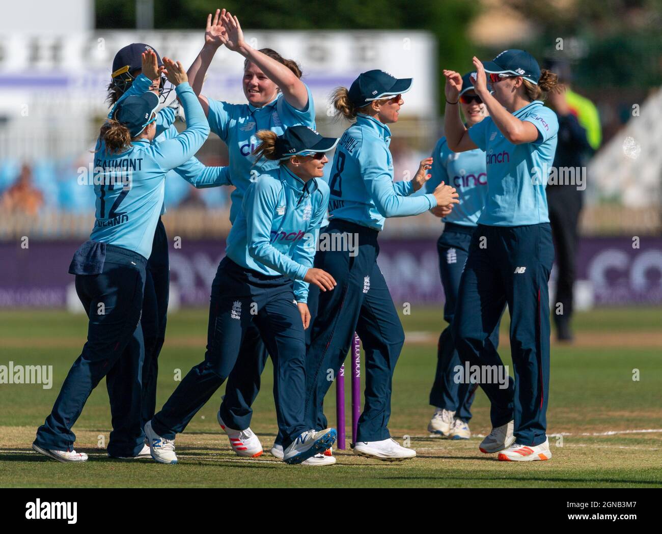 L'équipe d'Angleterre célèbre le cricket de Maddy Green en Nouvelle-Zélande dans le 4e Women's One Day International Banque D'Images