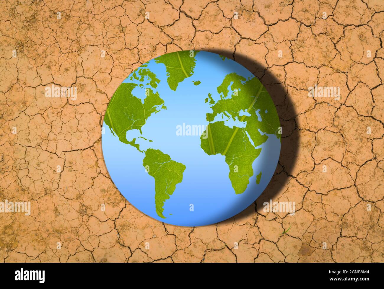 Journée mondiale de l'environnement changement climatique. La texture verte d'une feuille se transforme en sol sec brûlé par le soleil Banque D'Images