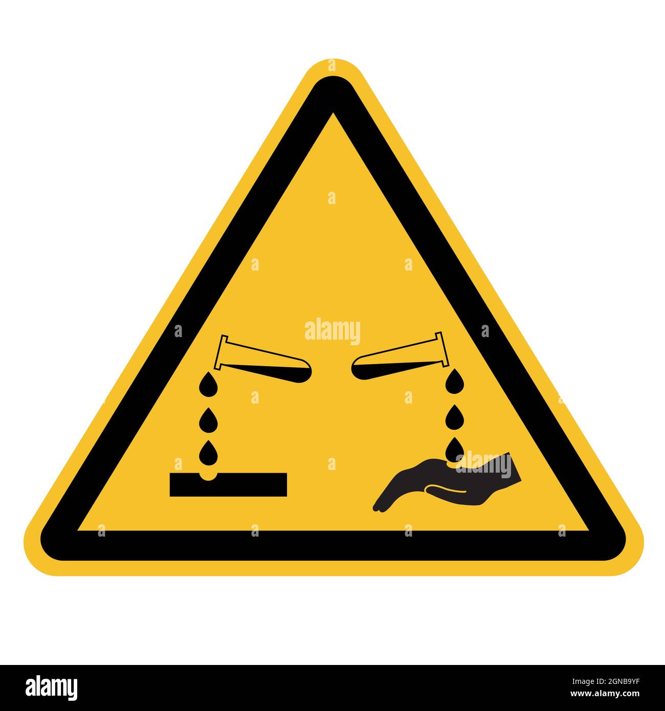 Signe de substance corrosive sur fond blanc. Attention au symbole de substance corrosive. Signe de substance corrosive dangereuse. Style plat. Banque D'Images