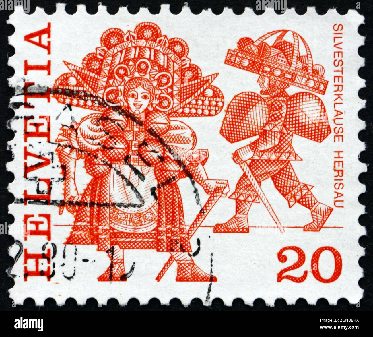SUISSE - VERS 1977: Un timbre imprimé en Suisse montre les costumes de la Saint-Sylvestre, Herisau, Folk Customs, vers 1977 Banque D'Images