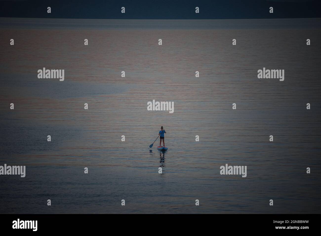 La personne se tient debout paddlimg sur un lac au soleil du soir Banque D'Images