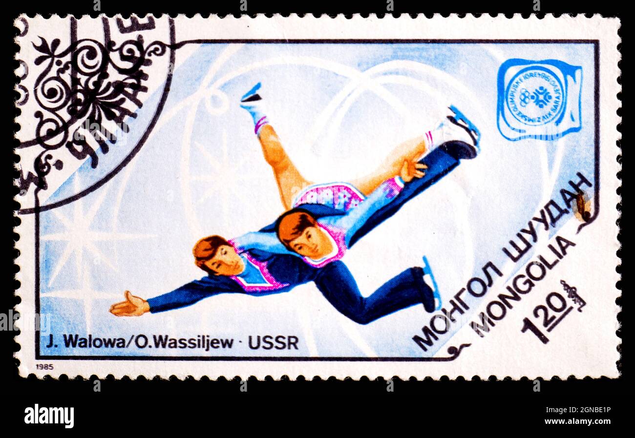 MONGOLIE - VERS 1985: Timbre-poste de Mongolie montrant J. Waliwa O. Wassilijew Jeux Olympiques d'hiver de l'URSS Banque D'Images