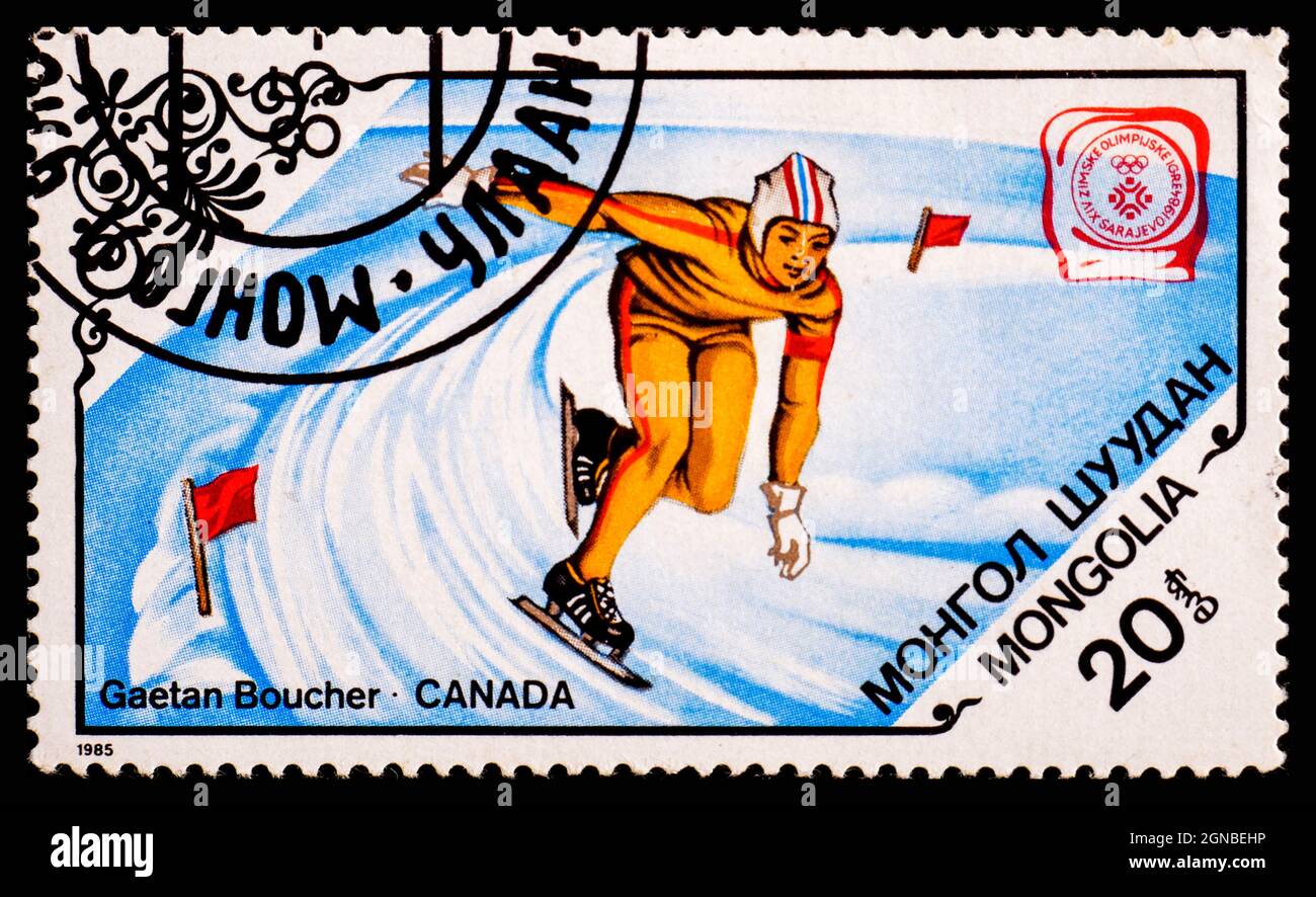 MONGOLIE - VERS 1985 : timbre-poste de Mongolie montrant les Jeux olympiques d'hiver de sport de Gaetan Boucher Canada Banque D'Images