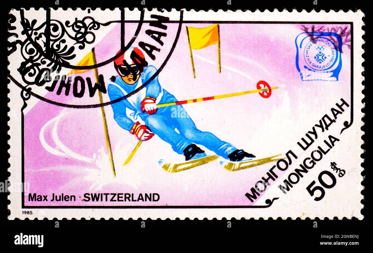 MONGOLIE - VERS 1985 : timbre-poste de Mongolie montrant les Jeux Olympiques d'hiver de Max Julen Suisse Banque D'Images