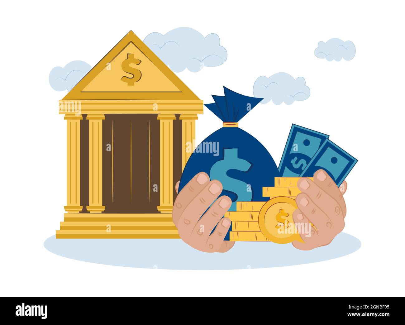 concept bank donne de l'argent sur le crédit. vecteur illustration plate du financement, du prêt, de la distribution de l'argent, des services financiers. Les mains tiennent l'argent et l'ba Illustration de Vecteur