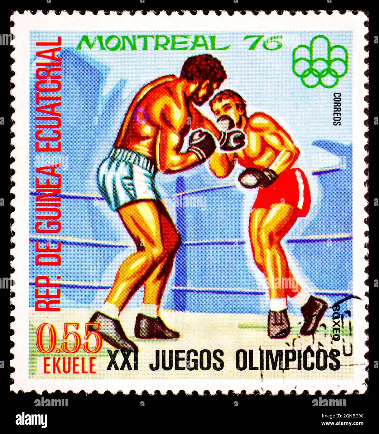 GUINÉE ÉQUATORIALE - VERS 1976 : timbre-poste de Guinée montrant Boxeo aux XXIes Jeux Olympiques de Montréal Banque D'Images