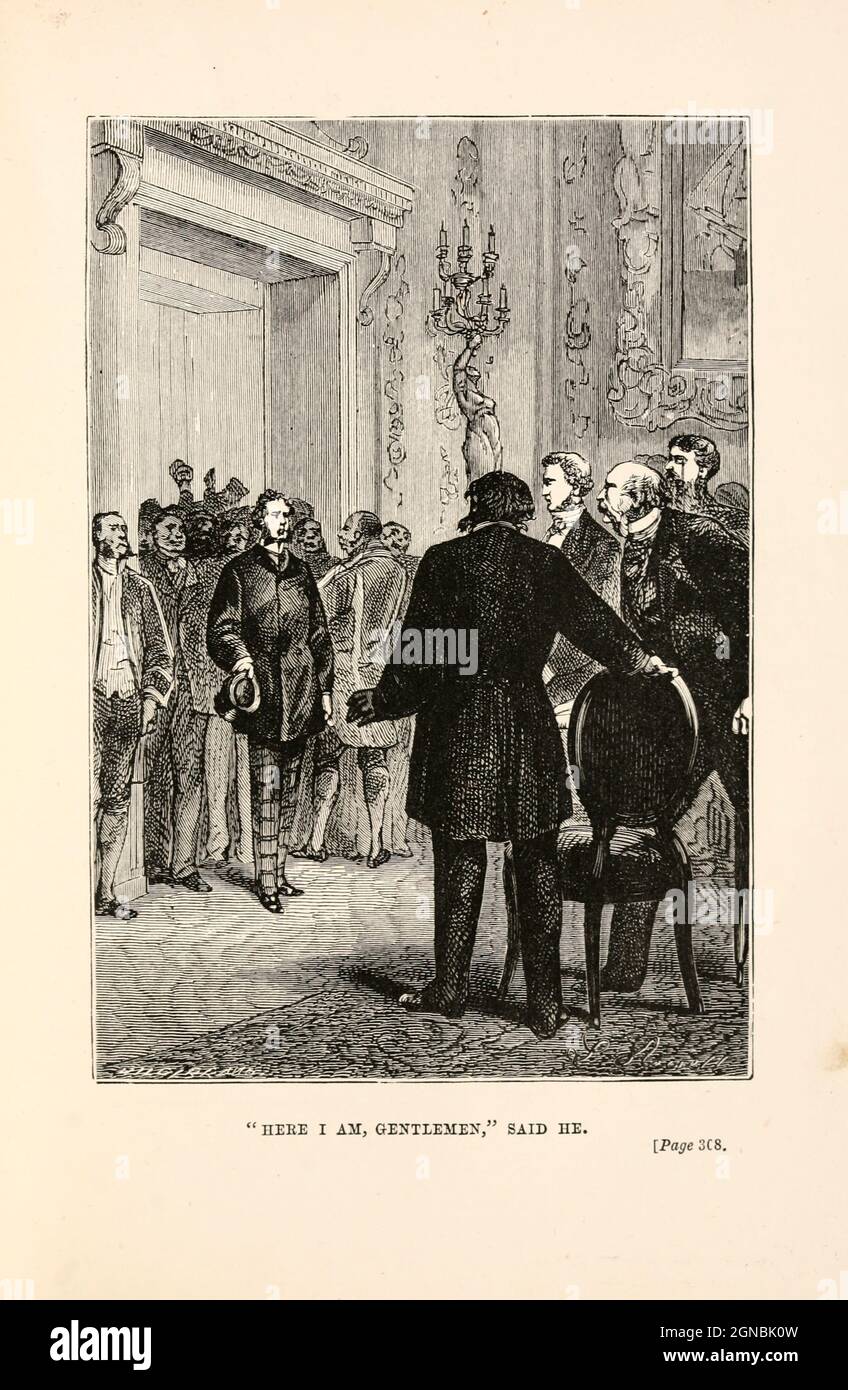 Je suis ici messieurs du livre ' autour du monde en quatre-vingt jours ' de Jules Verne (1828-1905) traduit par Geo. M. Towle, publié à Boston par James. R. Osgood & Co. 1873 première édition aux États-Unis Banque D'Images