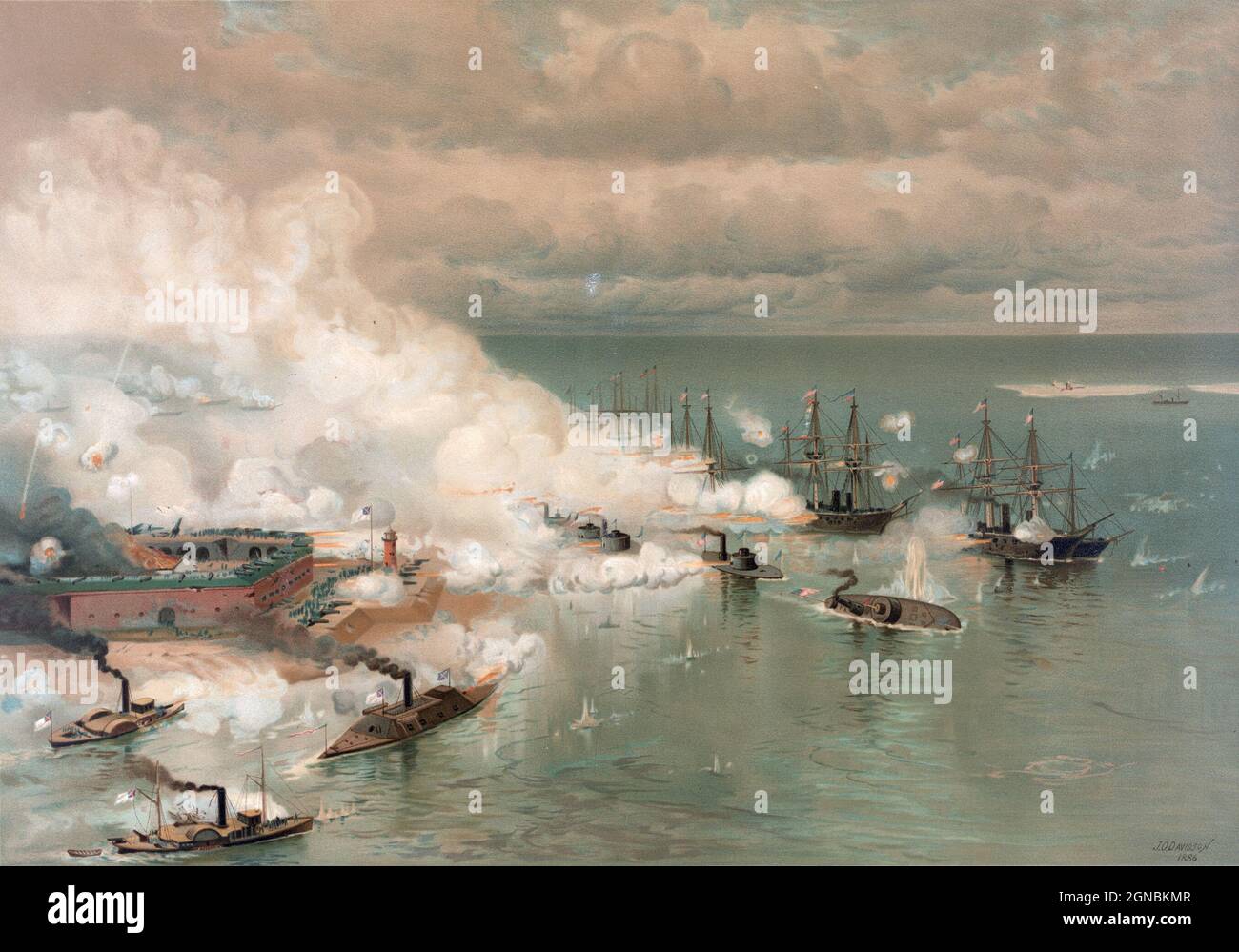 Bataille de Mobile Bay, par Louis Prang. Au premier plan à gauche se trouve le CSS Tennessee; à droite, le Tecumseh de l'USN est en train de couler. Banque D'Images