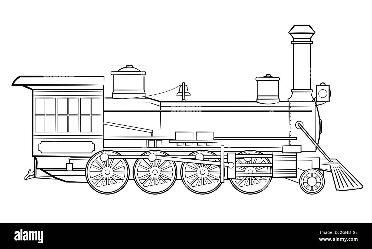 Locomotive à vapeur - contour simple de la ligne d'art du véhicule. Illustration de Vecteur