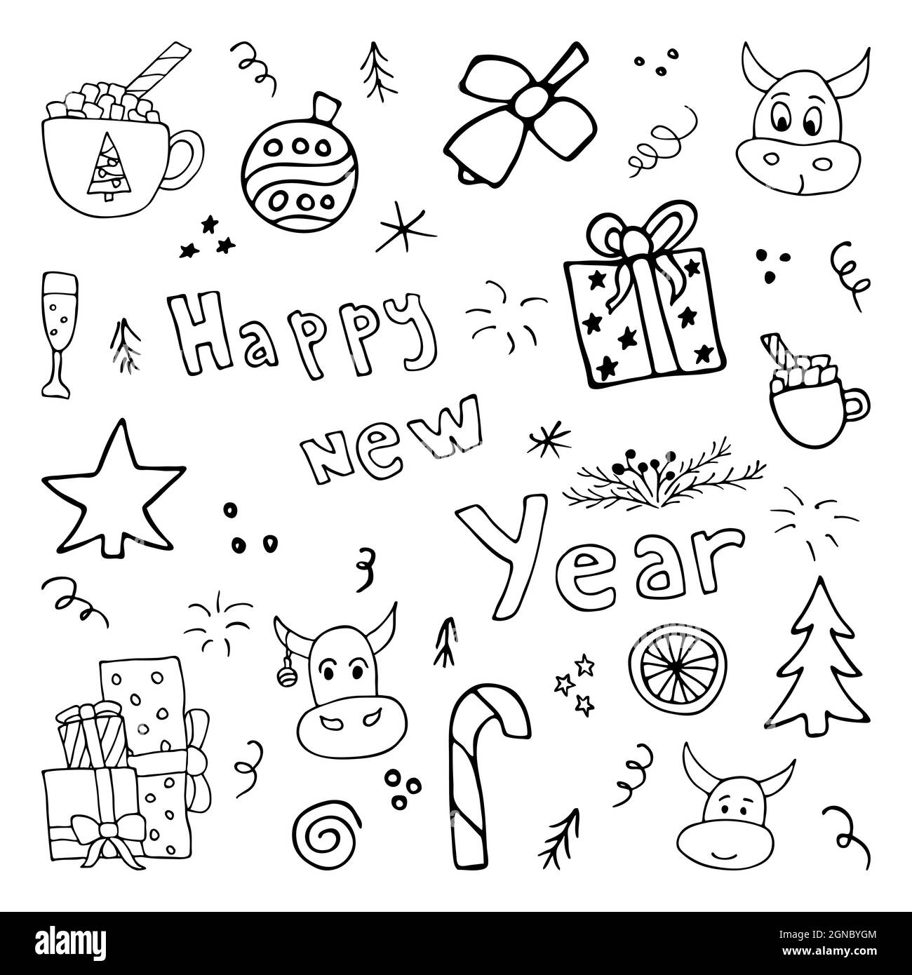 Ensemble de création de la nouvelle année dessiné à la main. Illustration vectorielle de style Doodle isolée sur fond blanc. Pour la conception graphique et Web Illustration de Vecteur