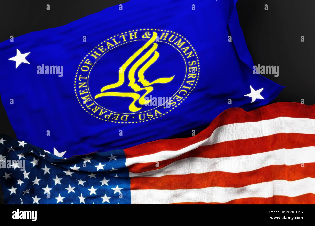 Drapeau du Secrétaire américain à la Santé et aux Services sociaux ainsi qu'un drapeau des Etats-Unis d'Amérique comme symbole d'un lien entre Banque D'Images