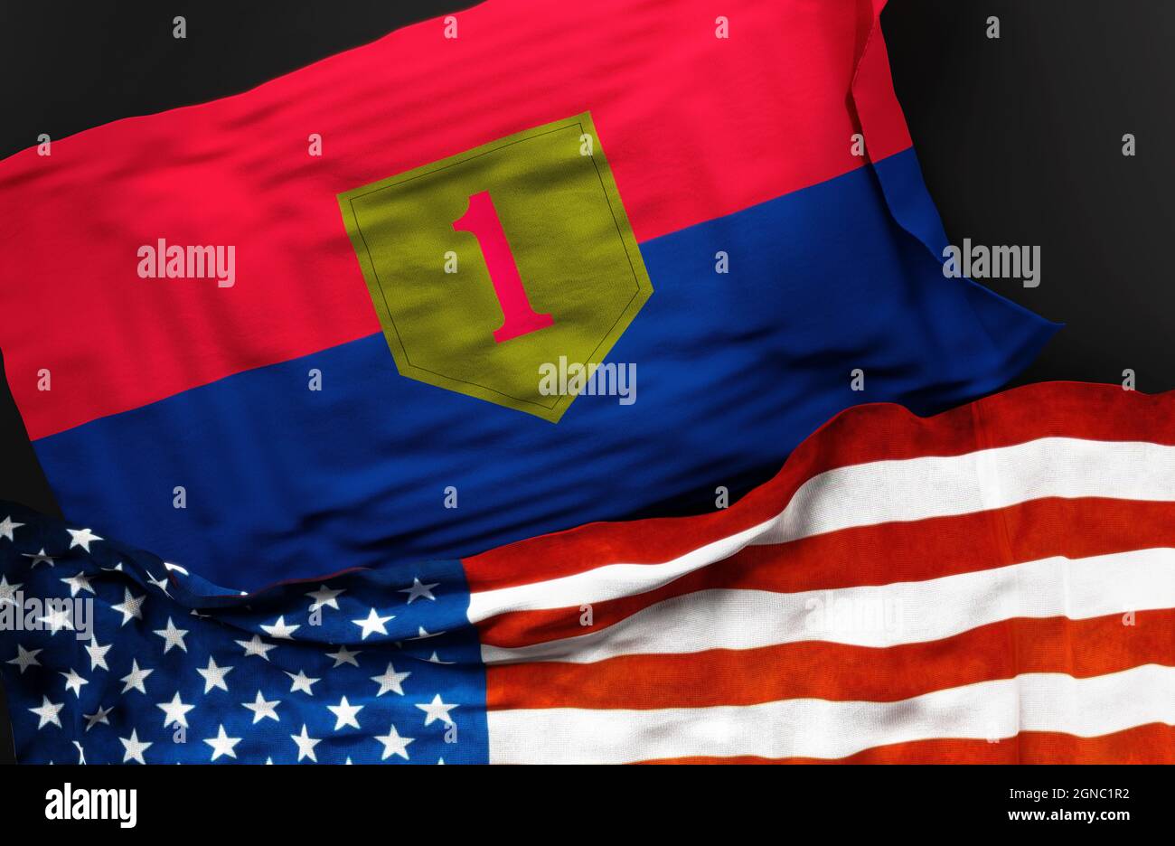 Drapeau de la 1re Division d'infanterie de l'armée des États-Unis avec un drapeau des États-Unis d'Amérique comme symbole d'un lien entre eux, 3d il Banque D'Images