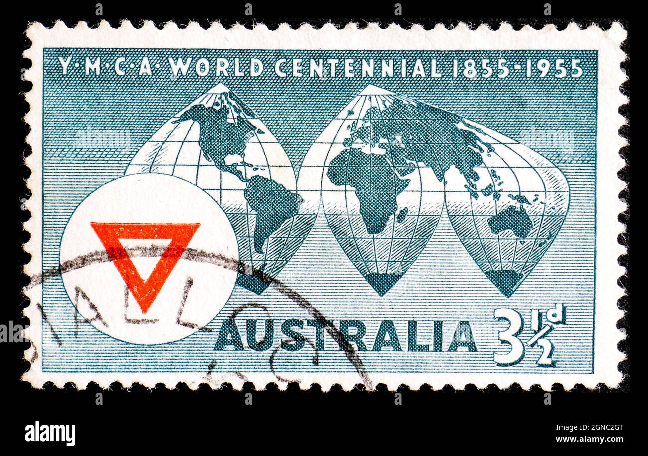 AUSTRALIE - VERS 1955: Un timbre imprimé en Australie, montre la carte du monde, Emblem YMCA Banque D'Images
