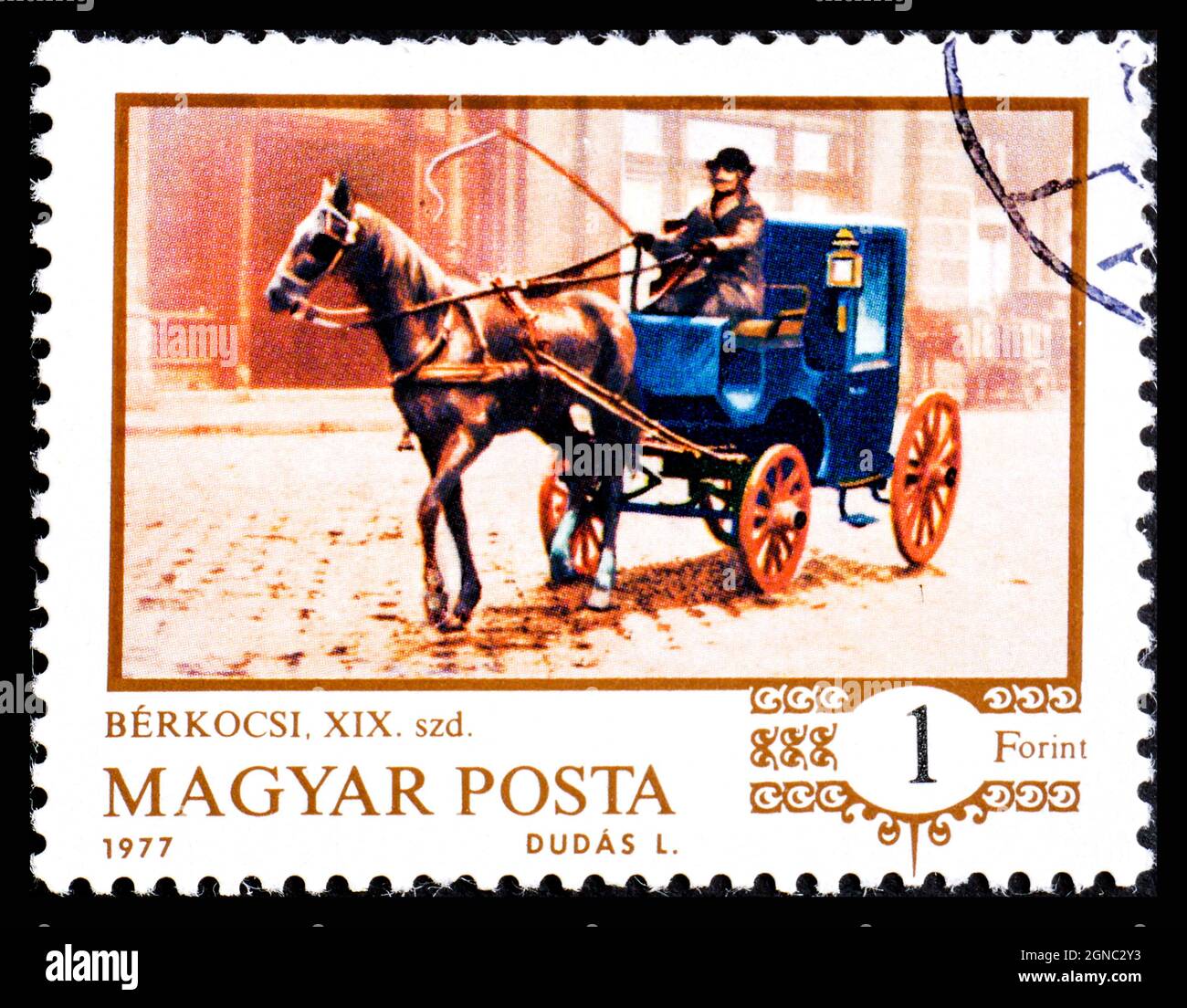 HONGRIE - VERS 1977: Un timbre imprimé en Hongrie montrant un cheval dessinant un autocar Banque D'Images