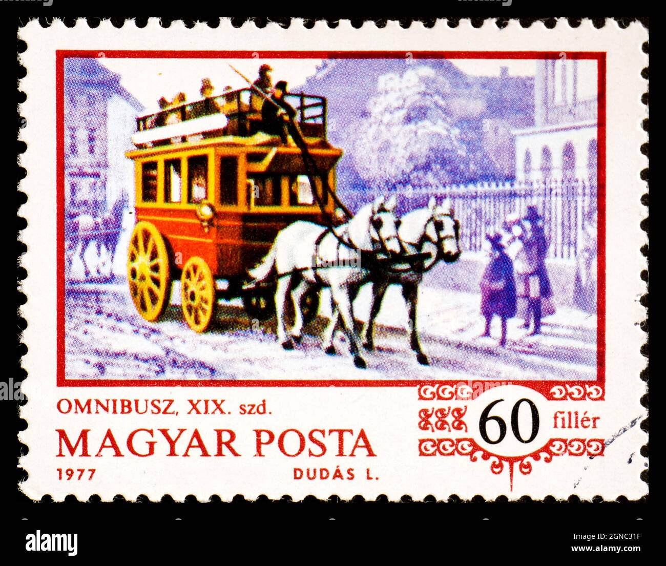 HONGRIE - VERS 1977 : le timbre imprimé en Hongrie montre l'omnibus tiré par des chevaux, de la série Histoire de l'entraîneur hongrois Banque D'Images