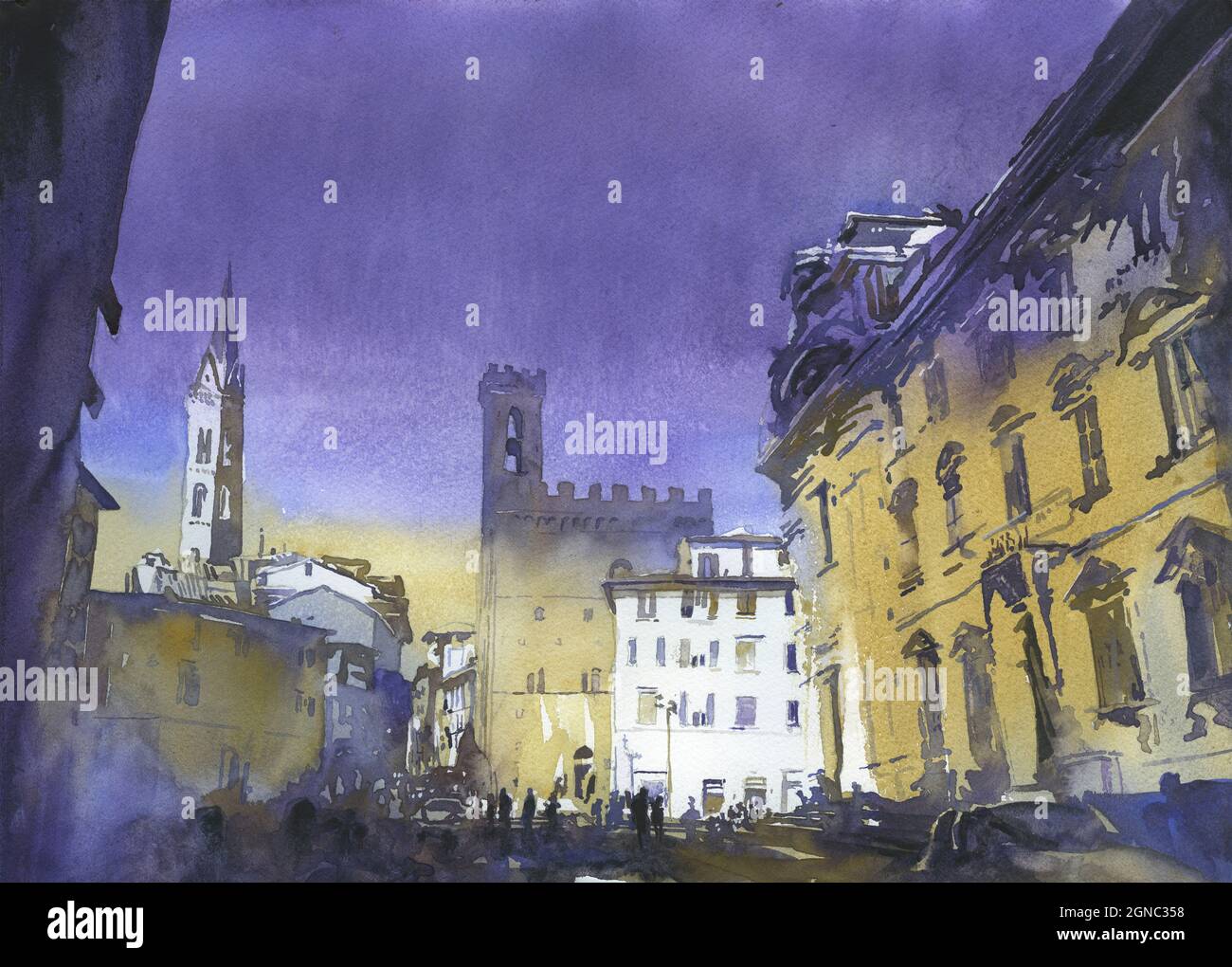 Florence paysage urbain- Palazzo Vecchio sur Palazo Signorini pendant la journée. Peinture aquarelle Florence Italie Banque D'Images