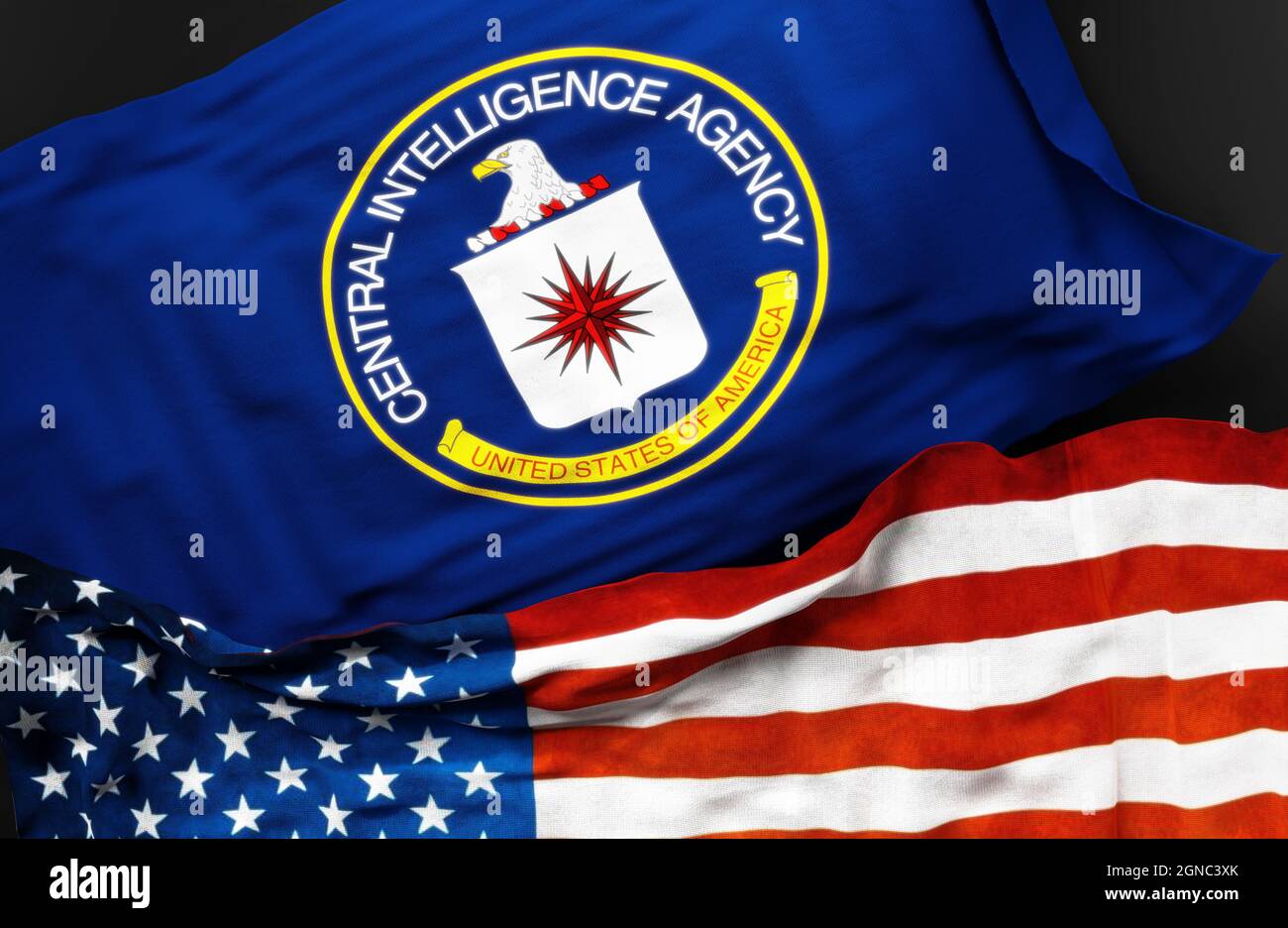 Drapeau de la Central Intelligence Agency des États-Unis avec un drapeau des États-Unis d'Amérique comme un symbole d'unité entre eux, illustration 3d Banque D'Images