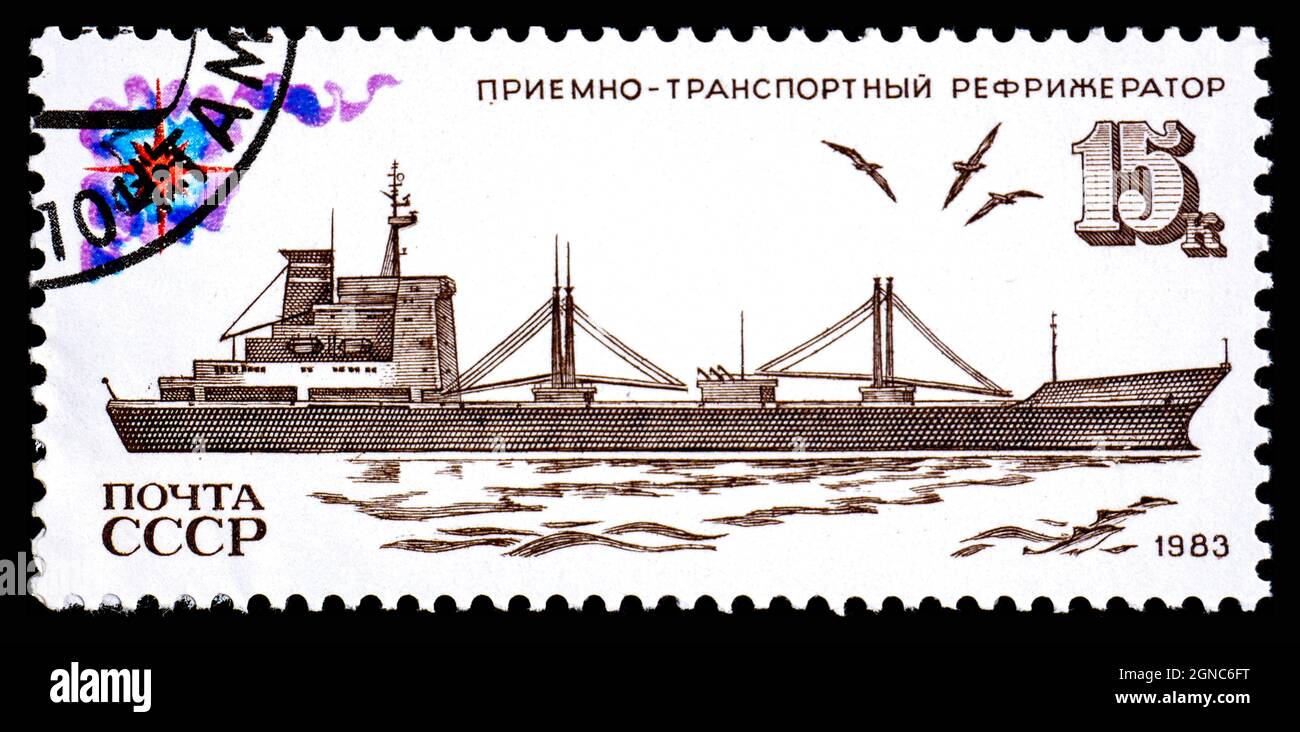URSS - VERS 1983: Un timbre imprimé en URSS à partir du numéro des navires de pêche montre le transporteur frigorifique Banque D'Images