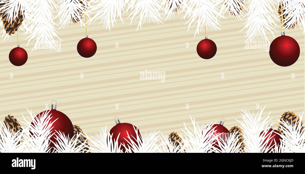 Banderole de Noël avec branches de sapin blanc et boules rouges avec espace de copie. Illustration de Vecteur