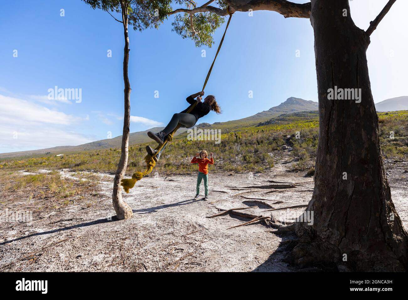 Jeune fille et frère cadet utilisant la corde balançoire sur un sentier de randonnée Banque D'Images