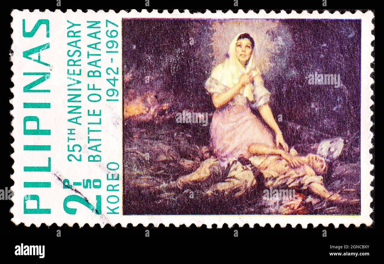 PHILIPPINES - VERS 1967 : un timbre imprimé aux Philippines pour honorer la bataille de Bataan Banque D'Images