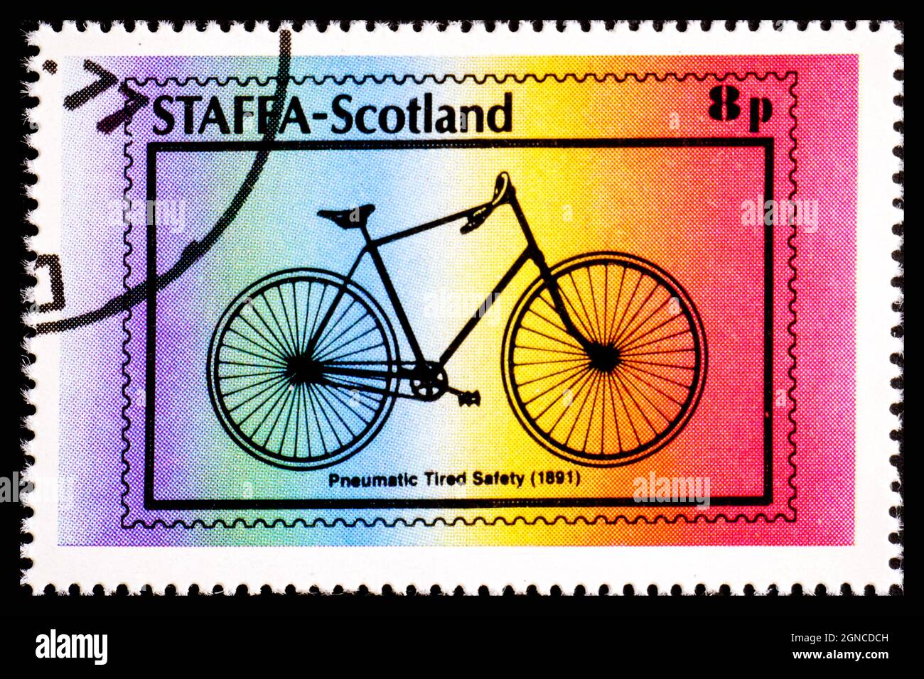 STAFFA, ÉCOSSE - VERS 1978 : un timbre imprimé en Écosse montre Pneumatic Tfatigue Safety 1891 Banque D'Images