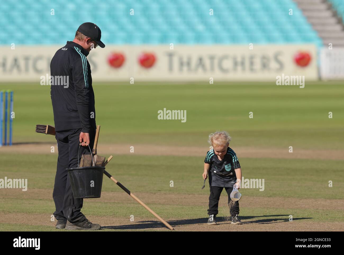 24 septembre 2021. Londres, Royaume-Uni. Le personnel au sol de Surrey obtient de l’aide alors que Surrey s’en prend à Glamorgan dans le championnat du comté de Kia Oval, quatrième jour. David Rowe/Alay Live News Banque D'Images