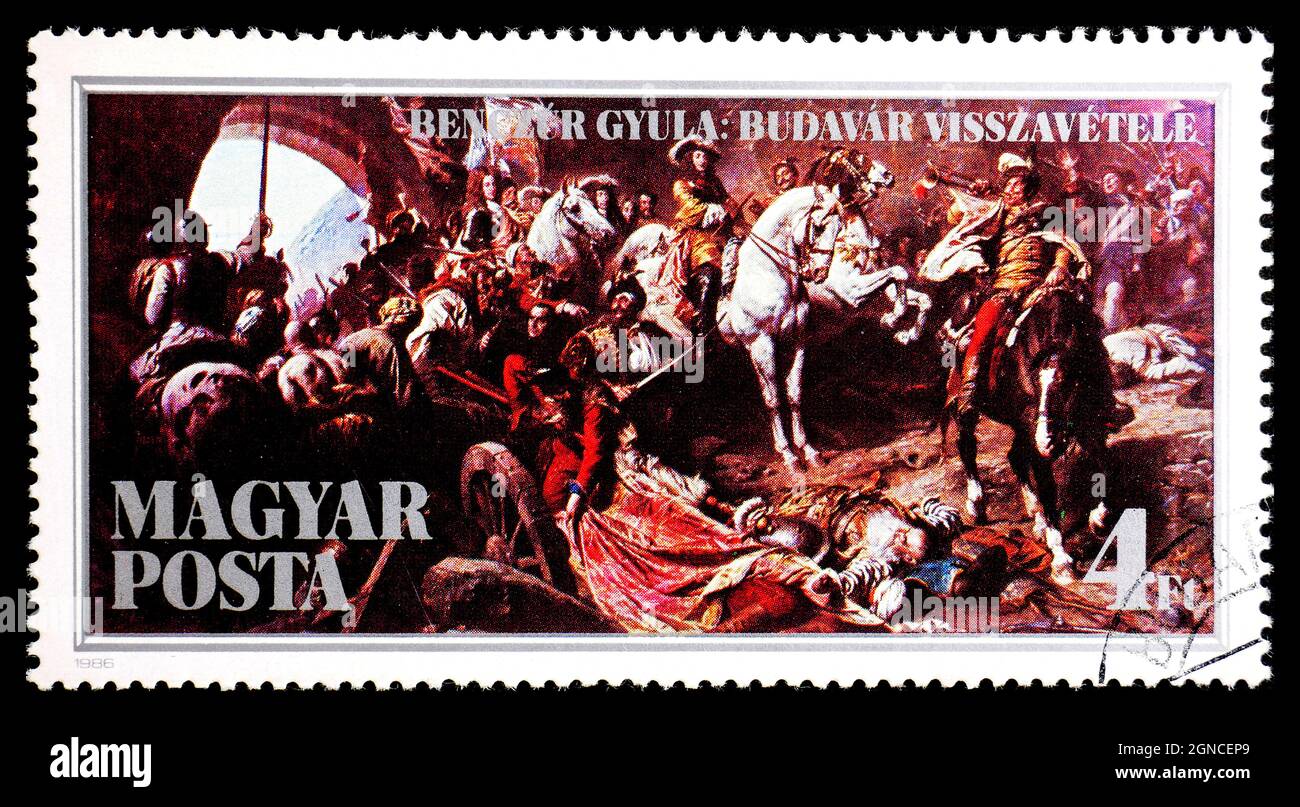 HONGRIE - VERS 1986: Timbre imprimé par la Hongrie, montre la récupération du château de Buda, par Gyula Benzcur Banque D'Images