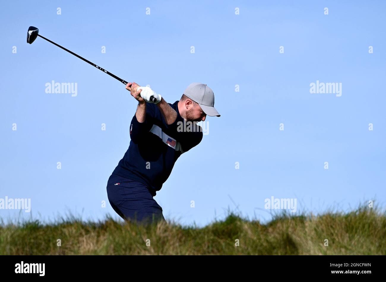 Daniel Berger, de l'équipe USA, est au neuvième trou lors des Foursomes le premier jour de la 43ème Ryder Cup à Whistling Straits, Wisconsin. Date de la photo : vendredi 24 septembre 2021. Banque D'Images