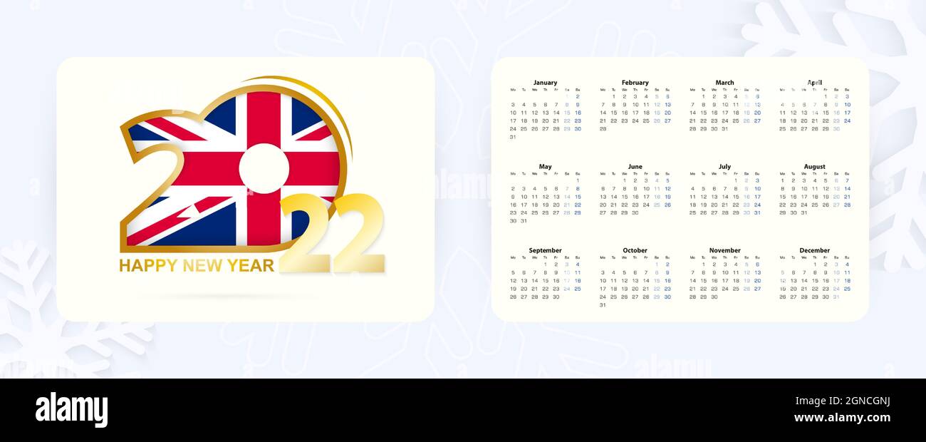 Calendrier horizontal de poche 2022 en anglais. Icône de la nouvelle année 2022 avec drapeau du Royaume-Uni. Calendrier vectoriel. Illustration de Vecteur