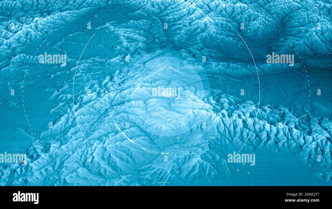 Vue satellite sur la terre, les opérations de guerre, la science-fiction, la vision nocturne avec des teintes bleues. Cible militaire. Drone. Opération militaire. Reliefs de montagne et plaines. Banque D'Images