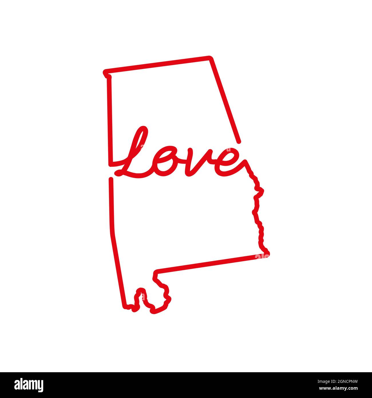 Carte de l'État américain de l'Alabama avec contour rouge et mot d'AMOUR manuscrit. Dessin de ligne continue de signe de maison patriotique. Un amour pour une petite patrie. Intérieur Illustration de Vecteur