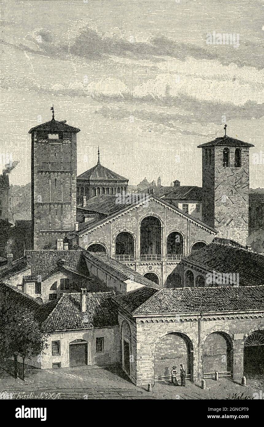 Lombardie Milan Basilique de Sant'Ambrogio dans une coupe de bois de 1894 Banque D'Images